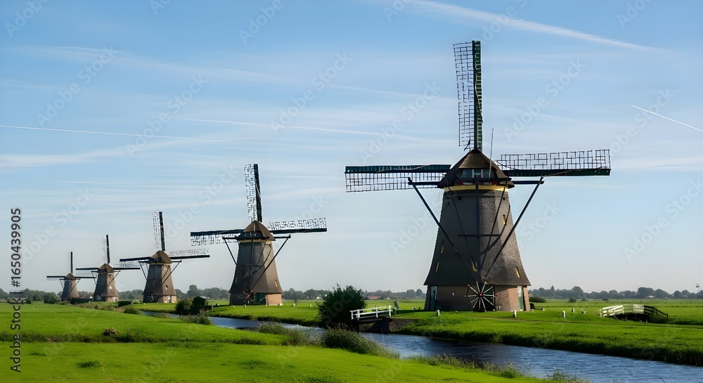 Naklejka premium Historic Dutch Windmills Along Canal in Green Landscape