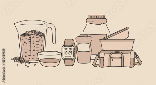 Vector illustration of a prepared kit for a healthy lifestyle, featuring nutrition and fitness essentials