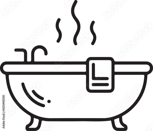 Simple line art illustration of a steaming bathtub with a towel