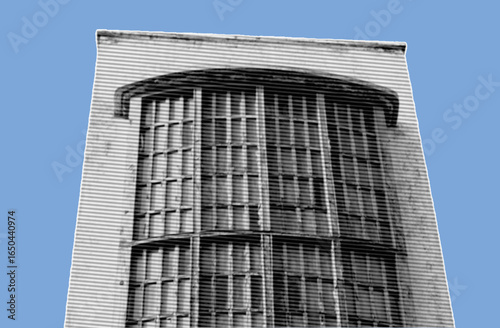 front view facade old building exterior grayscale color halftone texture style collage element isolated on lue background