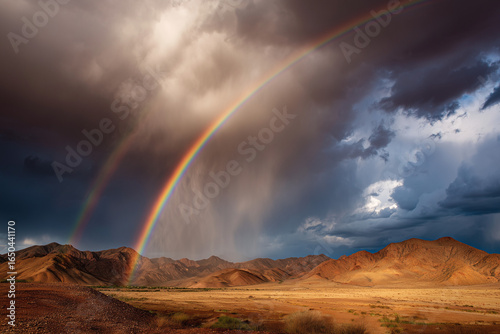 Rainbow arcing over a desert after rainfall