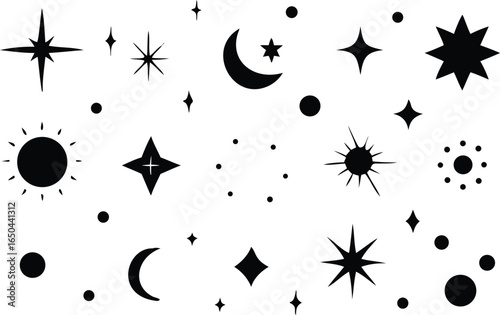 Doodle sparkle element element set, moon phase icon, star symbol, and sunburst graphic vector set. essential doodle illustrations for celestial design, mystical branding, and decor 