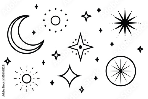 Doodle sparkle element element set, moon phase icon, star symbol, and sunburst graphic vector set. essential doodle illustrations for celestial design, mystical branding, and decor 
