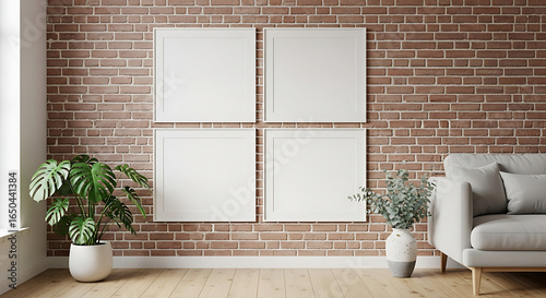 Fototapeta Naklejka Na Ścianę i Meble -  Poster Mockup in Four square blank canvases in thin wooden frames arranged in a minimalist two-by-two grid for a mockup.,  3D render, 3D illustration
