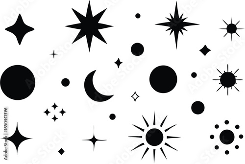 Doodle sparkle element element set, moon phase icon, star symbol, and sunburst graphic vector set. essential doodle illustrations for celestial design, mystical branding, and decor 