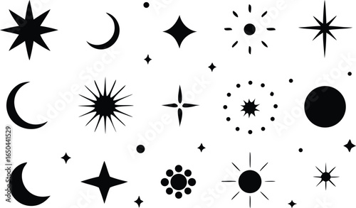 Doodle sparkle element element set, moon phase icon, star symbol, and sunburst graphic vector set. essential doodle illustrations for celestial design, mystical branding, and decor 