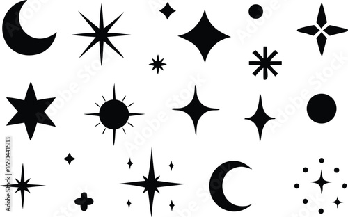 Doodle sparkle element element set, moon phase icon, star symbol, and sunburst graphic vector set. essential doodle illustrations for celestial design, mystical branding, and decor 