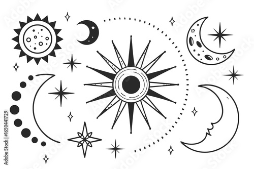 Doodle sparkle element element set, moon phase icon, star symbol, and sunburst graphic vector set. essential doodle illustrations for celestial design, mystical branding, and decor 