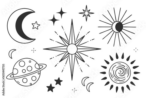 Doodle sparkle element element set, moon phase icon, star symbol, and sunburst graphic vector set. essential doodle illustrations for celestial design, mystical branding, and decor 