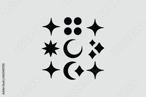 Doodle sparkle element element set, moon phase icon, star symbol, and sunburst graphic vector set. essential doodle illustrations for celestial design, mystical branding, and decor 