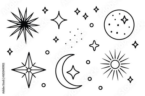 Doodle sparkle element element set, moon phase icon, star symbol, and sunburst graphic vector set. essential doodle illustrations for celestial design, mystical branding, and decor 