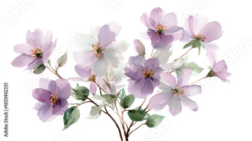 A beautiful watercolor illustration of delicate purple flowers with green leaves, evoking a sense of grace and tranquility.