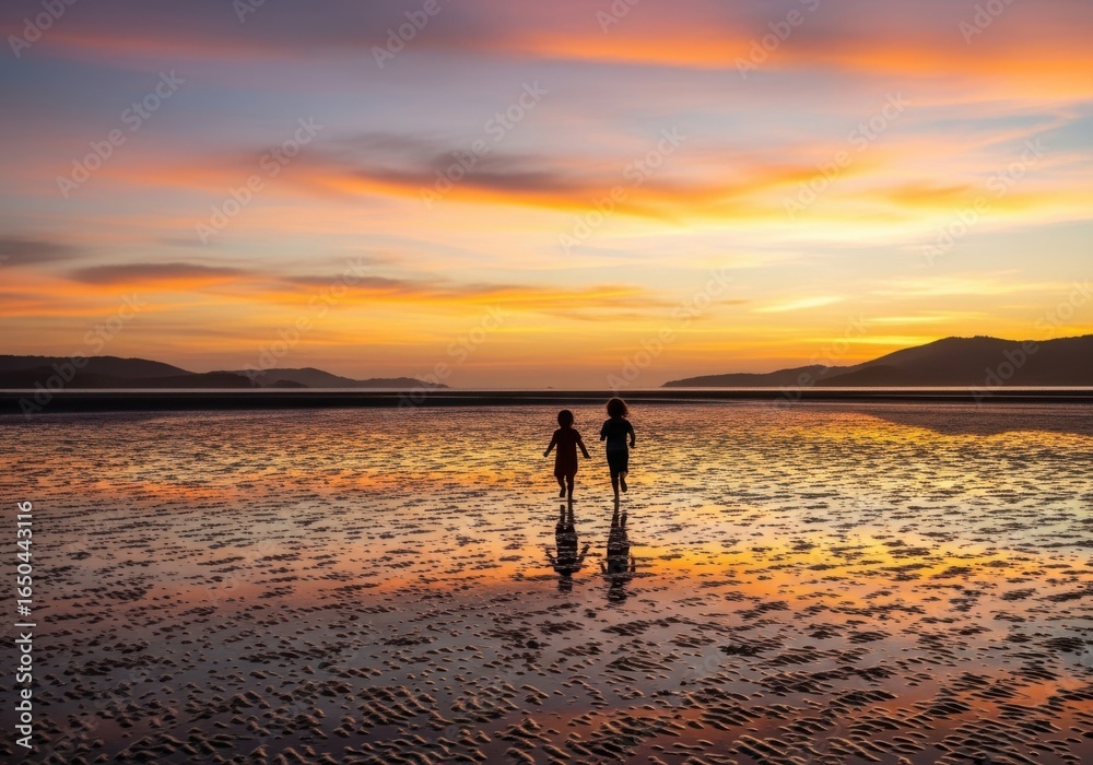 Fototapeta premium Two children silhouetted walking on a wet sandy beach during a vibrant colorful sunset over the ocean