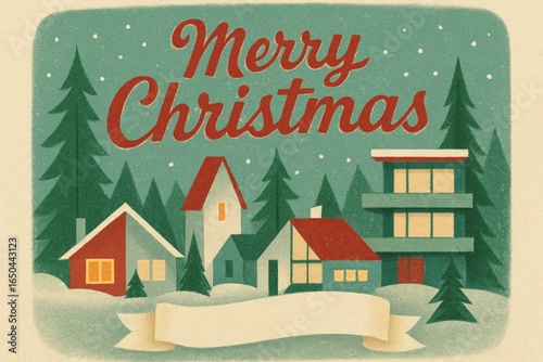 Merry christmas card with snowy village scene and festive trees