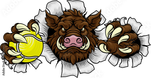 A wild boar, hog razorback warthog pig mean tough cartoon sports mascot holding a tennis ball