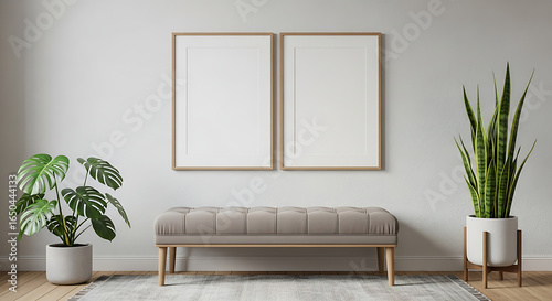 Poster Mockup in Elegant interior mockup featuring two blank vertical frames above a tufted upholstered bench flanked by lush green houseplants.,  3D render, 3D illustration
