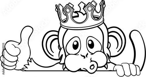 A monkey king cartoon character animal wearing a crown peeking over a sign and giving a thumbs up