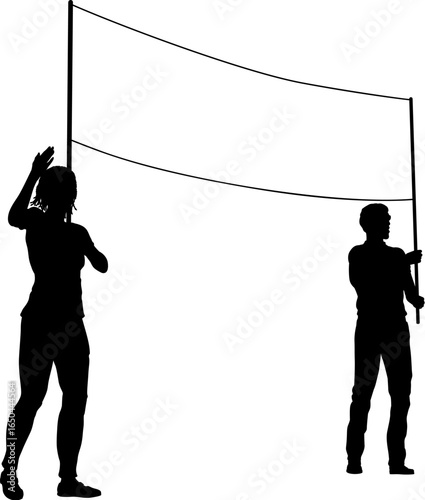 Two protestors or demonstrators at a demonstration march, picket line or strike protest rally in silhouette. Holding up a banner sign.
