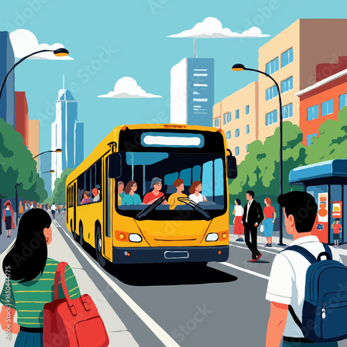 People waiting for a yellow city bus at a bus stop
