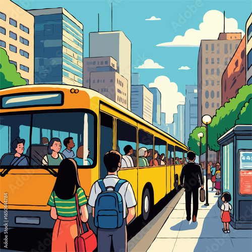 People waiting for a yellow bus in a city