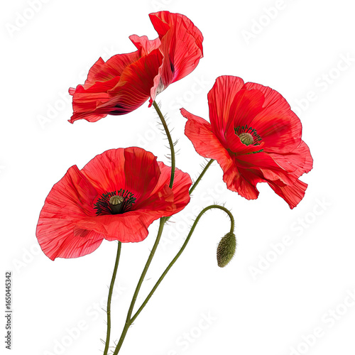 Close-up of three vibrant red poppies