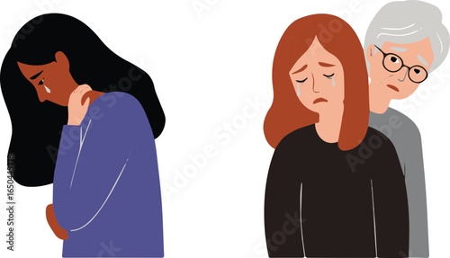 Two women crying with one being comforted by an older person on white background sadness grief