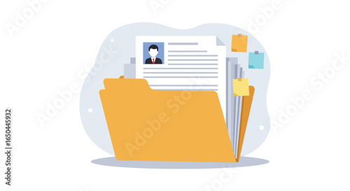 A yellow folder with a resume and other documents inside
