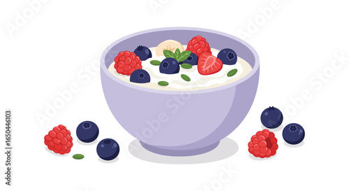 Bowl of yogurt with fresh berries and mint leaves on white background