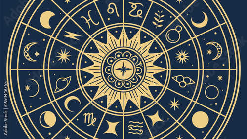 Mystic Celestial Wheel: Gold Zodiac Chart, Dark Blue Background, Elegant Design