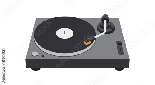 A gray turntable with a black record and orange tone arm