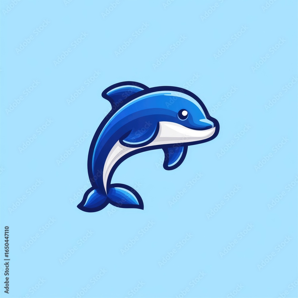 Fototapeta premium A playful, cartoon-style illustration of a leaping dolphin against a light blue backdrop.