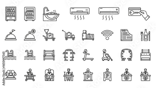 Hotel Amenities Icon Set Modern Line Vector Hospitality Illustration
