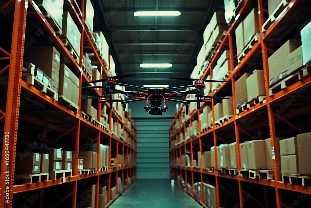Fototapeta premium A drone flying in the air, inside an industrial warehouse with high shelves filled with boxes and cardboard.