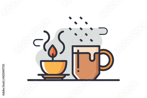Hot tea mug with rising steam beside small rainy weather
