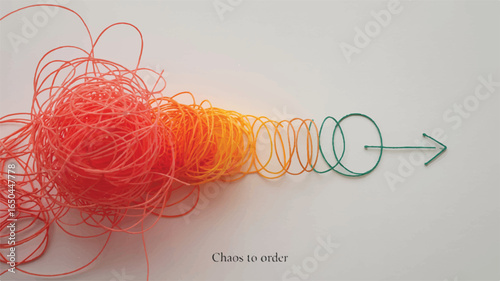 A minimalist illustration showing a transformation from chaos to order.  

