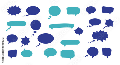 Collection of various blue speech bubbles and conversation icons on white background