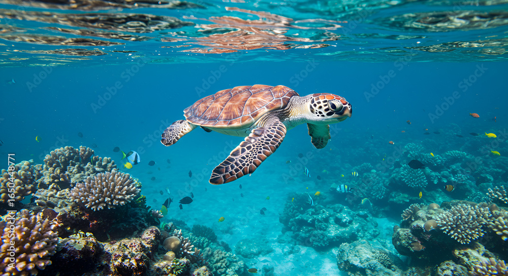 Fototapeta premium Sea turtle swimming over coral reef with colorful tropical fish in clear blue ocean.