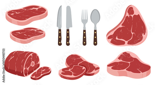 Raw meat cuts and utensils for cooking and dining purposes