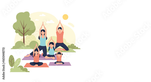 family yoga illustration vector, outdoor exercise concept, flat design, healthy lifestyle, happy people 