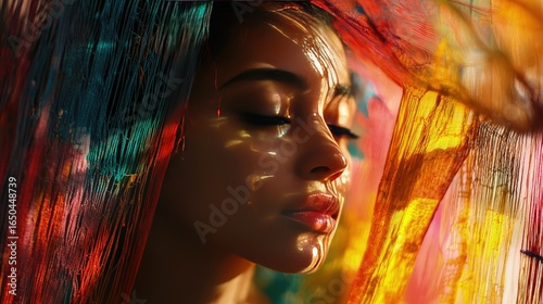 A woman's face, veiled in vibrant, colorful fabric.