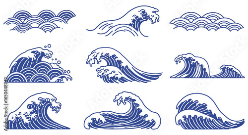 Collection of blue wave illustrations in various crashing styles and forms