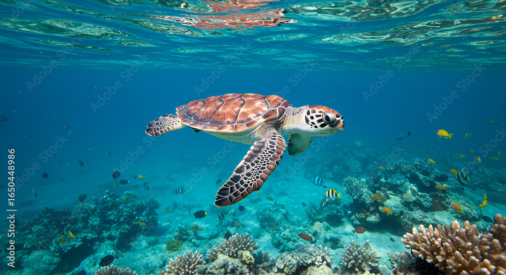 Fototapeta premium Sea turtle swimming over coral reef with colorful tropical fish in clear blue ocean.