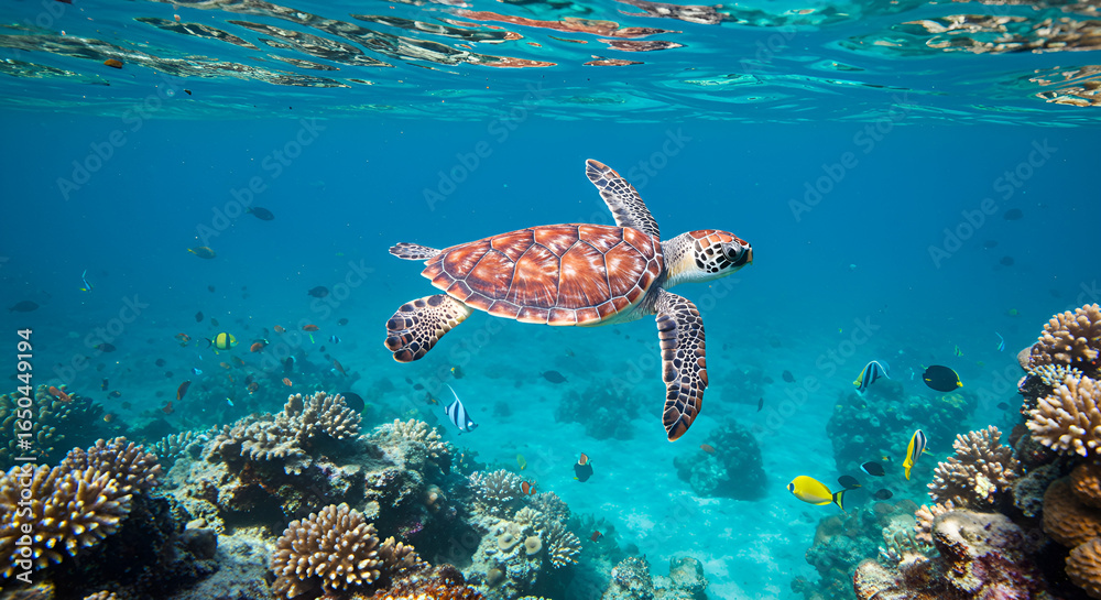 Fototapeta premium Sea turtle swimming over coral reef with colorful tropical fish in clear blue ocean.