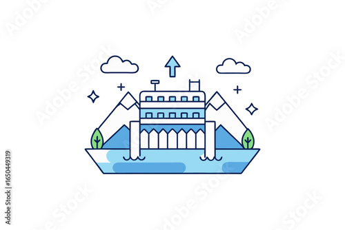Hydroelectric dam icon with snowy mountain landscape background