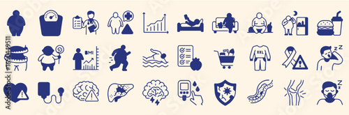 Obesity and Health Risk Icon Set – Flat Design Illustrations Depicting Weight Issues, Sedentary Lifestyle, Chronic Conditions, and Medical Impacts