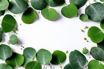 Fresh eucalyptus leaves frame a white background