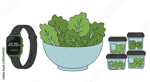 Modern approach to healthy living with organized meal prepping, fresh salad, and a fitness tracking smartwatch