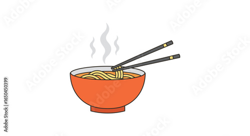 A steaming bowl of noodles with chopsticks on a plain background