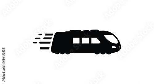 Black silhouette of a speeding train on a white background