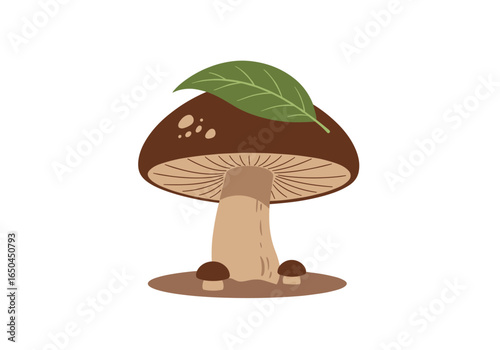 Forest mushroom with green leaf growing in rich dark soil detailed illustration